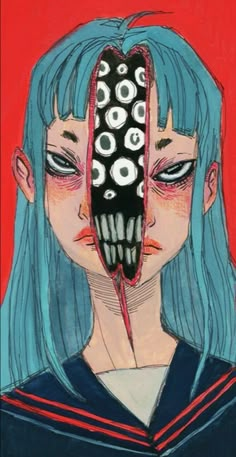 a drawing of a girl with blue hair and an alien mask on her face, in front of a red background