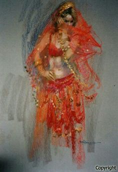 a drawing of a belly dancer in red and gold clothing with her hands on her hips