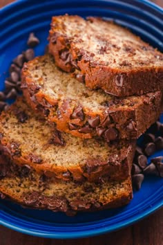 slices of chocolate chip banana bread on a blue plate