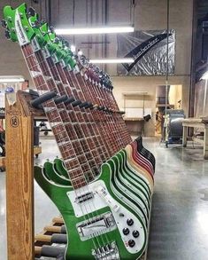 an electric guitar is on display in a building