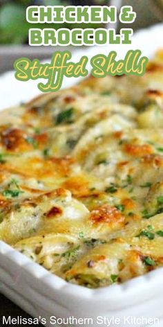 chicken and broccoli stuffed shells in a white casserole dish with text overlay