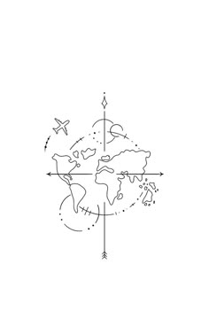 a black and white drawing of an airplane flying around the world on a map with arrows pointing in different directions