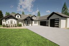 a 3d rendering of a modern house with garages on the front and back sides