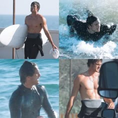 four pictures of men in wetsuits, one with a surfboard and the other without