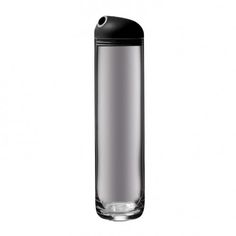 a black and silver water bottle on a white background with clippings to the bottom