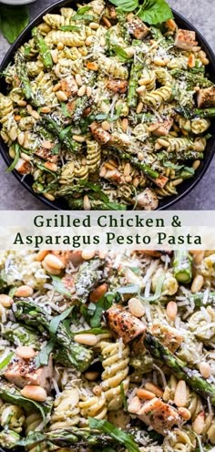 grilled chicken and asparagus pesto pasta in a skillet