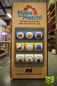 an advertisement for the indiana farm bureau on display in a warehouse with lots of shelves