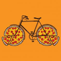 a drawing of a bicycle with pizza slices on it's front wheel and spokes