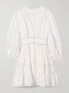 ZIMMERMANN Pop appliquéd guipure lace-trimmed linen mini dress Elegant Cream Dress With Intricate Embroidery, Elegant Off White Dress With Lace Trim, Luxury White Daywear Dress, Elegant Off-white Dress With Lace Trim, Cream Lace Dress With Broderie Anglaise, Cream Lace Dresses With Intricate Embroidery, Cream Lace Dress With Intricate Embroidery, White Broderie Anglaise Lace Dress, Feminine Lace Dress With Broderie Anglaise