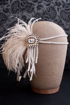 I think this would not be too difficult or expensive to recreate. DIY Flapper Headband  - Blush and Ivory with Crystal for wedding headpiece $145.00 if you buy this one. Great Gatsby Headpiece, Great Gatsby Themed Party, Gatsby Headpiece, Flapper Headpiece, Gatsby Themed Party, Vintage Headpiece, Flapper Headband