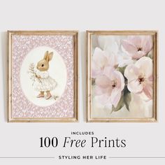 two framed pictures with pink flowers on them and the words, 100 free prints styling her life