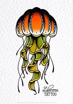 an orange and yellow jellyfish tattoo on a white background