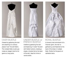 three different styles of wedding dresses on display