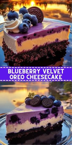 blueberry velvet oreo cheesecake on a plate