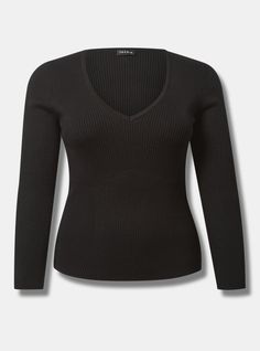 FIT Model is 5'9” wearing size 1. . Measures 26” from shoulder (size 2). Pullover silhouette. . MATERIALS + CARE Sweater yarn knit fabric. 70% rayon, 30% nylon. Machine wash cold. Line dry. . Imported. DETAILS Deep V-neck. Long sleeves. The best plus size women's fitted pullover sweater sweaters in deep black made of sexyyarn. Torrid is your destination for the freshest spring and summer styles. Fitted Ribbed V-neck Sweater For Winter, Fitted Ribbed V-neck Winter Sweater, Fitted Knit V-neck Sweater For Fall, Fitted Soft Knit V-neck Sweater For Fall, Elegant Stretch Ribbed V-neck Sweater, Fitted Ribbed V-neck Sweater With Long Sleeves, Winter V-neck Elastane Top, Fitted V-neck Textured Knit Sweater, Black Fine Knit Long Sleeve Top For Winter