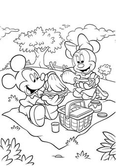 mickey and minnie mouse riding on a motorcycle in the park coloring pages for kids, printable