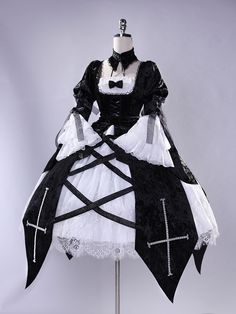 This price includes a dress, a hairband, a choker and a pair of garters(socks not included) only, others are not included.  Step into the enchanting world of Rozen Maiden with this exquisite Mercury Lamp Black and White Dress. Inspired by the iconic Lolita style, this cosplay costume captures the elegance and charm of the Rozen Maiden series with its intricate design and attention to detail. The contrasting black and white color scheme adds a touch of sophistication, while the delicate lace and Gothic Black Cosplay Costume For Alternative Fashion, Black Gothic Cosplay Costume For Alternative Fashion, Gothic Cosplay Costume, Fairy Kei Halloween Costume Dress, Halloween Fairy Kei Costume Dress, White Fairy Kei Costume For Costume Party, Fairy Kei Cosplay Dress For Halloween, Fairy Kei Dress For Halloween Cosplay, Black Costume For Cosplay Events And Alternative Fashion