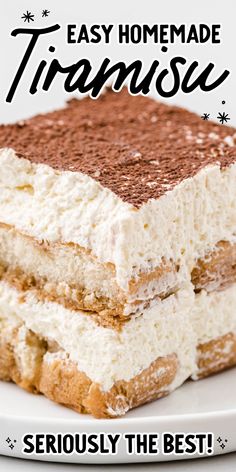 This easy tiramisu recipe makes such a decadent dessert. It is full of sweet, creamy mascarpone, crunchy ladyfingers dipped in a strong espresso and coffee liqueur blend and dusted with rich chocolate. Creamy Tiramisu Recipe, Tiramisu With Kahlua, Easy Homemade Tiramisu, Recipes For Tiramisu, Easy Tarimisu Recipe, Tiramisu Cake Recipe Easy, Tiramisu With Ladyfingers, Desserts To Go With Pizza, Tira Misu Recipe