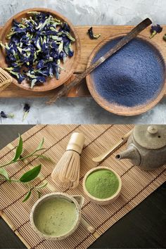 two wooden bowls filled with different types of green and blue powder next to each other