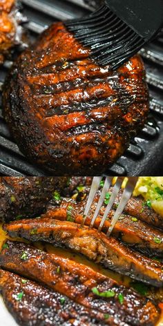 grilled meat being cooked on the grill with tongs