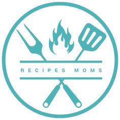 the logo for recipes moms with utensils and flames in the center on a white background