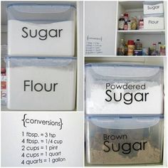 several pictures of different containers with labels on them that say sugar, flour, and powdered sugar