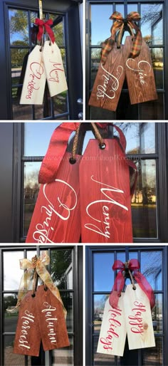 four different pictures of wooden signs hanging from the side of a building with ribbons on them