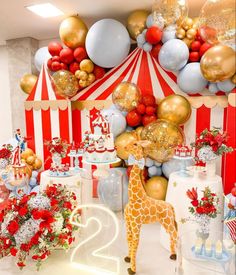 a circus themed birthday party with balloons and decorations