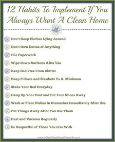 the 12 habitts to implement if you're always want a clean home poster