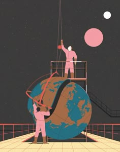 two men in pink work on a large globe with the moon and stars behind them