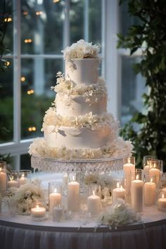 a white wedding cake surrounded by candles and flowers on a table in front of a window