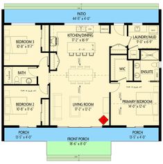 the floor plan for a two bedroom apartment with an attached kitchen and living room area