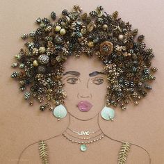 a drawing of a woman with pine cones on her head and necklaces around her neck