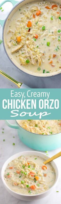 chicken orzo soup in a blue bowl