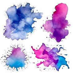 four different colored ink spots on a white background