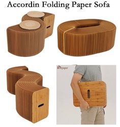 four different types of wooden folding paper sofas and stools, with text overlay that says accordion folding paper sofa