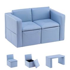 a set of furniture including a couch, table and two stools with storage compartments