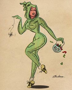 a drawing of a woman in a green costume holding a teapot and wearing heels