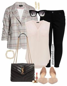 Plus Size Plaid Blazer Outfit Ideas with Black Skinny Jeans, Blush Pink Blouse, Nude Suede Pumps, and YSL Bag - Alexa Webb #plussize #alexawebb Plus Size Mom Jeans, Plaid Blazer Outfit, Blazer Outfit Ideas, Casual Boho Outfits, Alexa Webb, Plus Size Summer Casual, Women's Plus Size Jeans, Plus Size Plaid