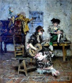 a painting of two people sitting at a table playing guitar and another person standing next to them