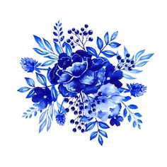 blue flowers and leaves painted in watercolor