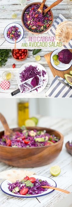 the process of making cabbage salad with red cabbage, tomatoes and avocado dressing