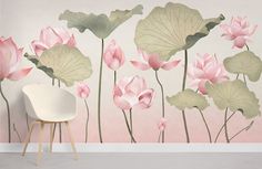 a wall mural with pink flowers and green leaves in front of a light pink background