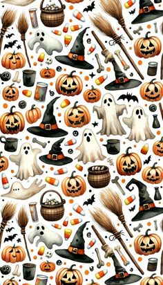 a bunch of pumpkins and brooms on a white background with lots of other halloween items