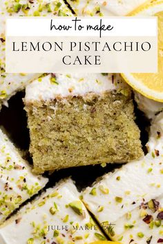 lemon pistachio cake with white frosting and sprinkles on top