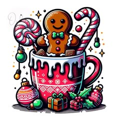 a drawing of a gingerbread man in a mug with candy canes and christmas decorations