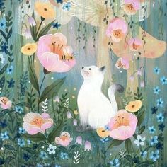 a painting of a white cat surrounded by flowers