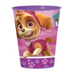 the paw patrol plastic cup is purple and has an image of a dog on it