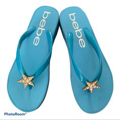 Never Worn. Baby Blue Bebe Sandals With Bling Star. Price Is Firm. Sandals Colorful, Blue Y2k Accessories, Beachy Aesthetic Shoes, Summer Sandals, Sandals Aesthetic, Tall Gladiator Sandals, Red Flip Flops, Logo Flip Flops, Sparkle Sandals