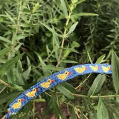 a blue and yellow braided bracelet with rubber ducks on it sitting in front of green leaves